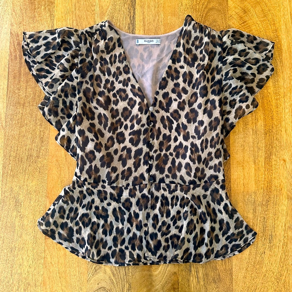 🐆 Mango Leopard Print Ruffle Sleeve Blouse – XS